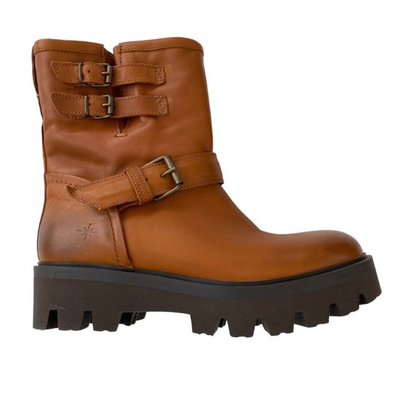 New Ross & Snow Lucky Waterproof Cognac Leather Lug Sole Moto Ankle Boots - Picture 1 of 6